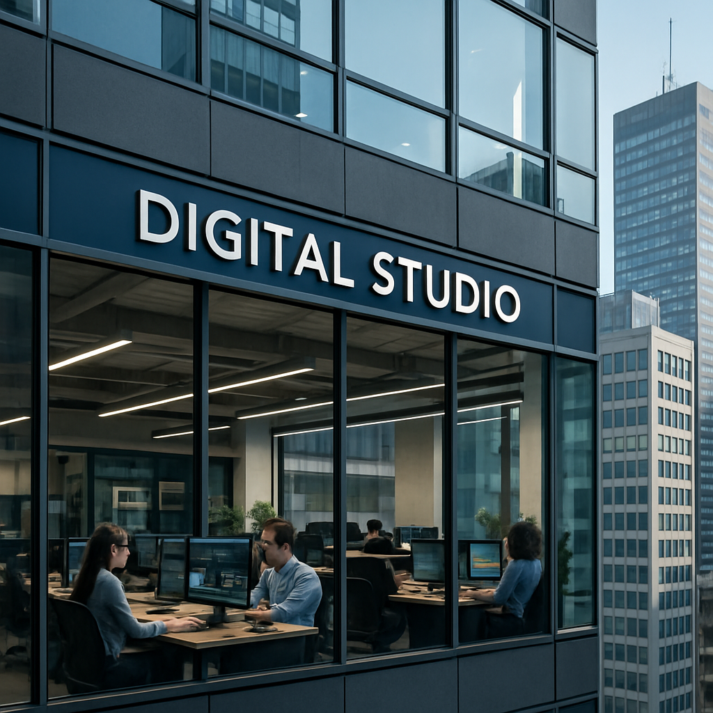 A modern office building in a city, showcasing a digital studio environment